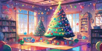 The primary subject of the image is a beautifully decorated Christmas tree, which is the centerpiece of the scene. The tree is adorned with colorful ornaments, creating a festive atmosphere. The setting is a room with a window, and the visual style is a combination of digital art and illustration. The colors and mood of the image are predominantly warm and cheerful, with the tree being the main focus and source of joy.